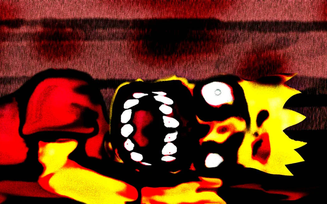 A disturbing, distorted image commonly circulated with the 'Dead Bart' creepypasta, depicting the Simpsons characters with grotesque, nightmarish faces.