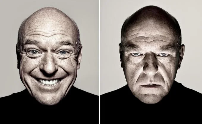 A Dean Norris tweet paired with the iconic Hank Schrader smiling/glaring diptych widely used as a reaction image.