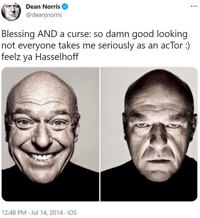 Dean Norris's infamous two-word 'Sex gifs' tweet, one of the most-shared posts that made his Twitter account a meme fixture.