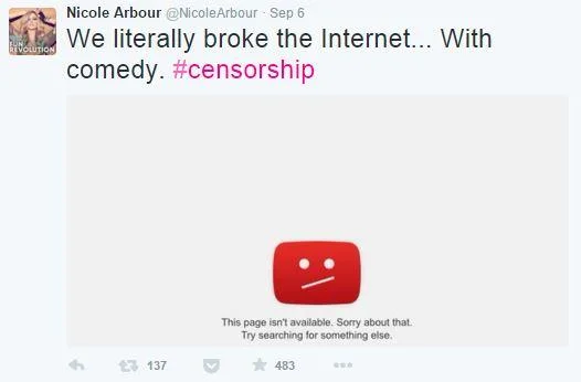 Nicole Arbour's censorship tweet after video removal.