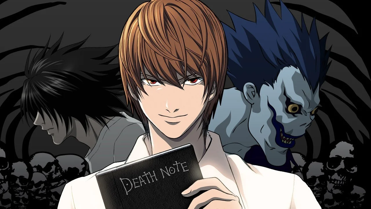 Key promotional art for the Death Note anime, showing Light Yagami holding the titular notebook alongside L and the shinigami Ryuk.