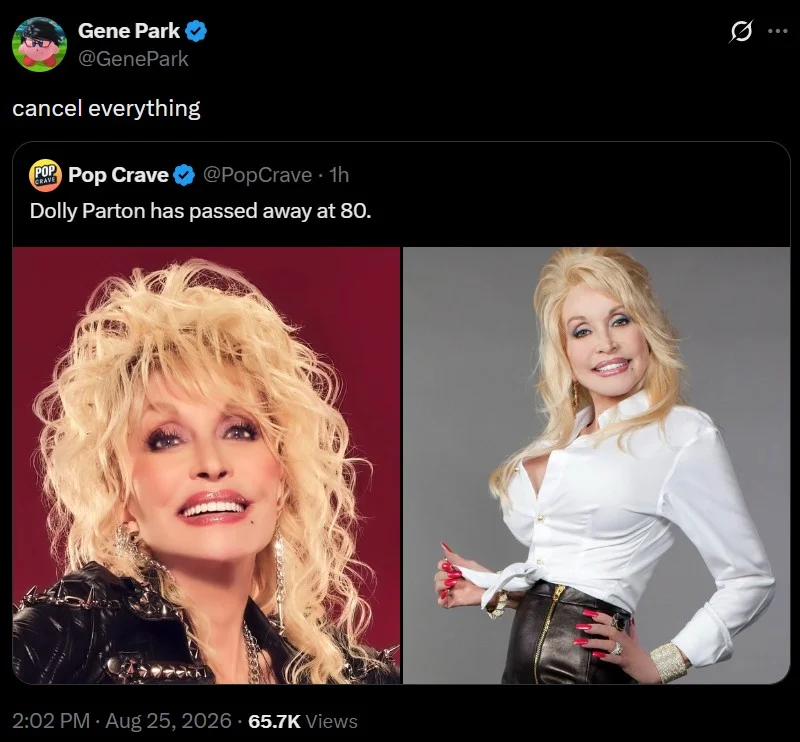A high-resolution capture of the 'cancel everything' reaction post that spread widely following the announcement of Dolly Parton's death.