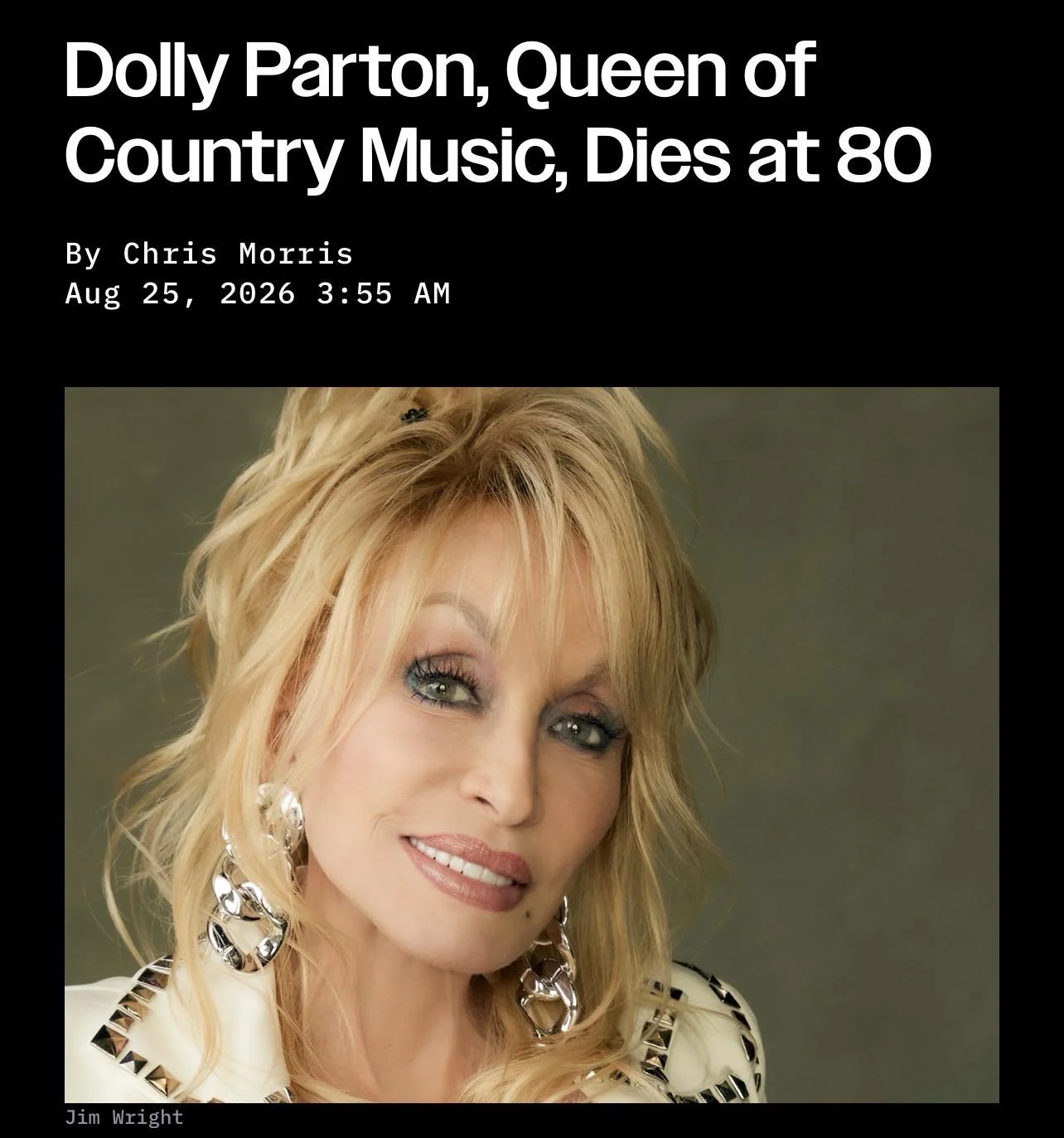 The news article announcing Dolly Parton's death at age 80, which sparked widespread online reactions and tributes.