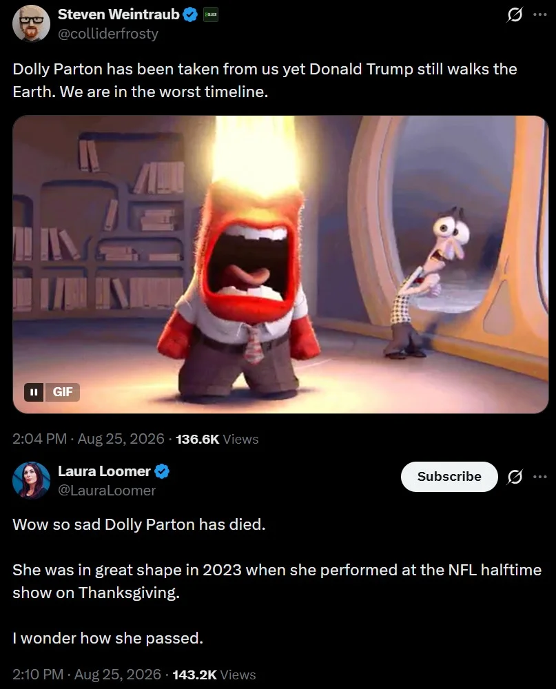 A larger view of the trending X reactions to Dolly Parton's death, featuring the Inside Out Anger GIF and speculation about the cause.