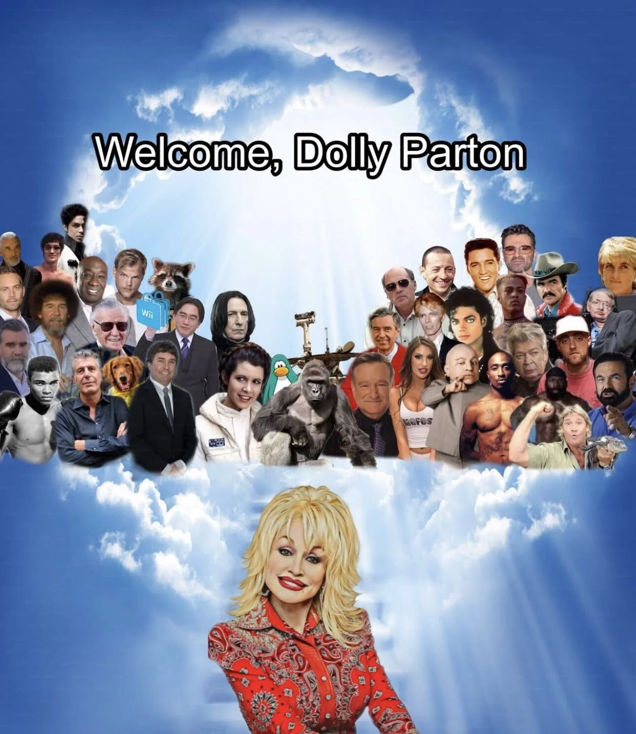 A widely-shared tribute meme welcoming Dolly Parton to a heavenly gathering of beloved deceased celebrities and cultural icons.