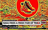 Deep fried NASA Timbs shoe meme with extreme pixelation.