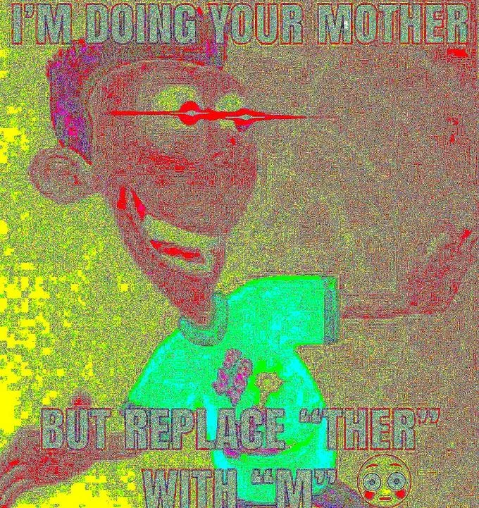 Deep fried meme with neon color distortion and compression.