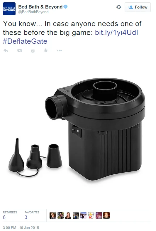 Bed Bath & Beyond joins the Deflategate joke on Twitter by promoting an air pump ahead of the Super Bowl (January 19, 2015).