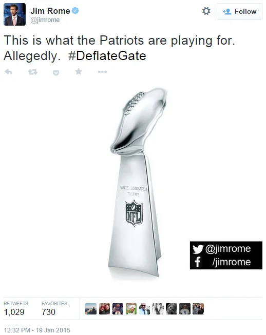 Sports commentator Jim Rome pokes fun at the Patriots amid the Deflategate scandal in a January 19, 2015 tweet.