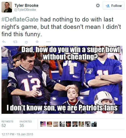 A viral Deflategate meme mocking the New England Patriots' reputation, shared on Twitter on January 19, 2015.