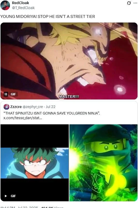A crossover meme joking that even Goku loses to Deku when fighting on the street.