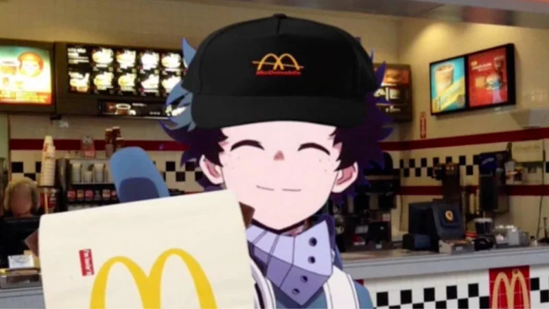 Professional anime illustration of Deku in McDonald's uniform.