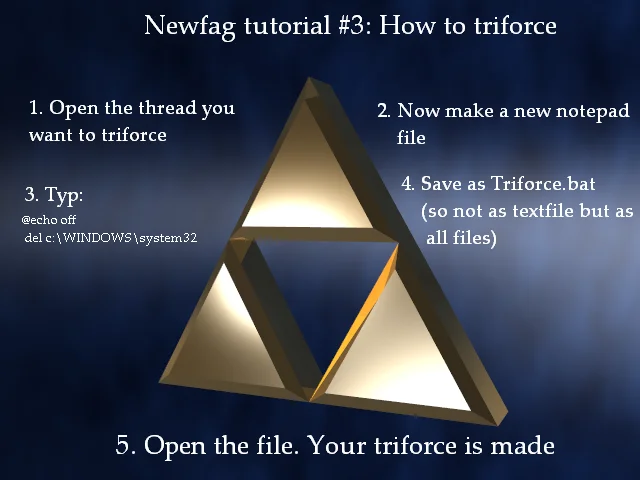 A fake '/b/ tutorial' promising to teach users how to type the Triforce symbol, but actually instructing them to run a .bat file that deletes system32.