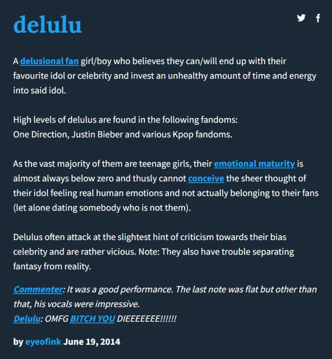delulu A delusional fan girl/boy who believes they can/will end up with their favourite idol or celebrity and invest an unhealthy amount of time and energy into said idol. High levels of delulus are f