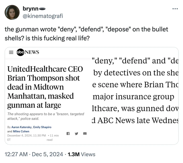 A reaction tweet capturing public astonishment at the surreal detail of the words inscribed on bullet casings at the crime scene.