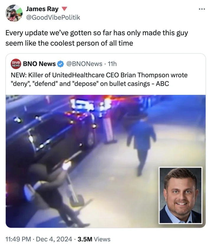 A viral tweet reflecting the folk-hero narrative that emerged around the shooter as more details of the crime were released.