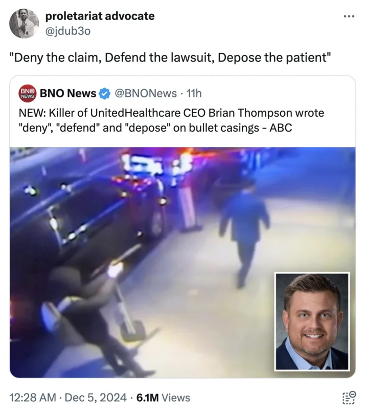 A widely-shared reaction tweet interpreting the meaning of 'deny, defend, depose' as insurance industry tactics against policyholders.