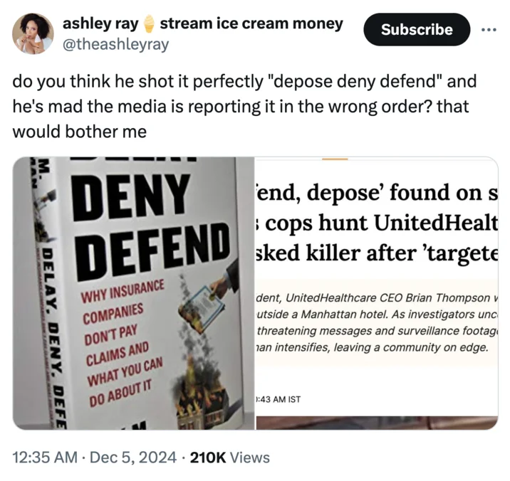 A joke tweet playing on the exact ordering of the words on the bullet casings versus the book title, with an image showing the 'Delay Deny Defend' book cover.