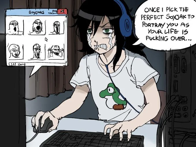 An original illustration depicting the ritual of selecting the perfect soyjak image to depict an online opponent as.