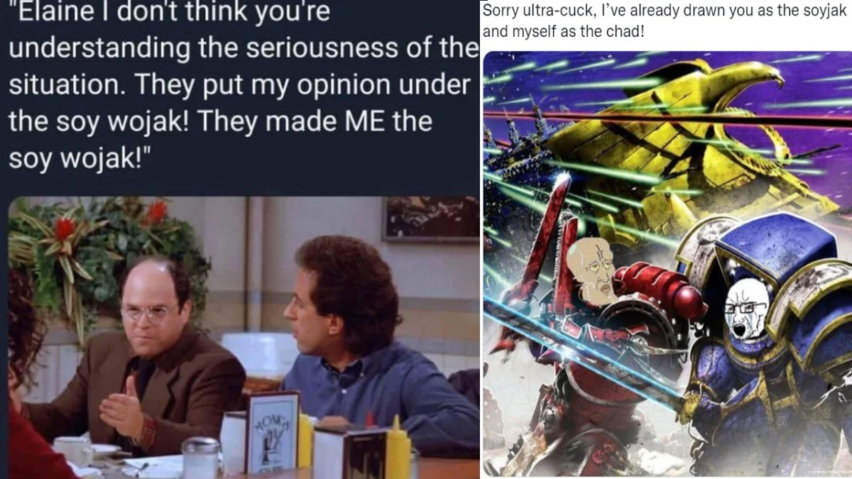 The 'depicted as a soyjak' meme entry image combining a Seinfeld caption and a Warhammer 40k soyjak vs. chad edit.