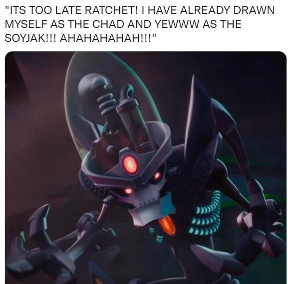 A Dr. Nefarious variant of the meme, taunting a rival about having already drawn the soyjak/chad matchup.
