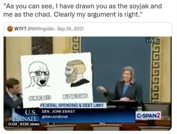 A C-SPAN2 clip of Senator Joni Ernst using a soyjak-vs-chad poster during a Senate debate on federal spending.