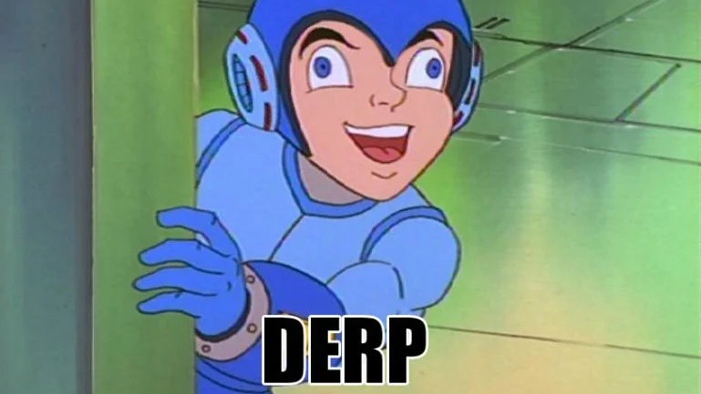 The iconic Mega Man cartoon frame that became widely associated with the 'derp' expression online.