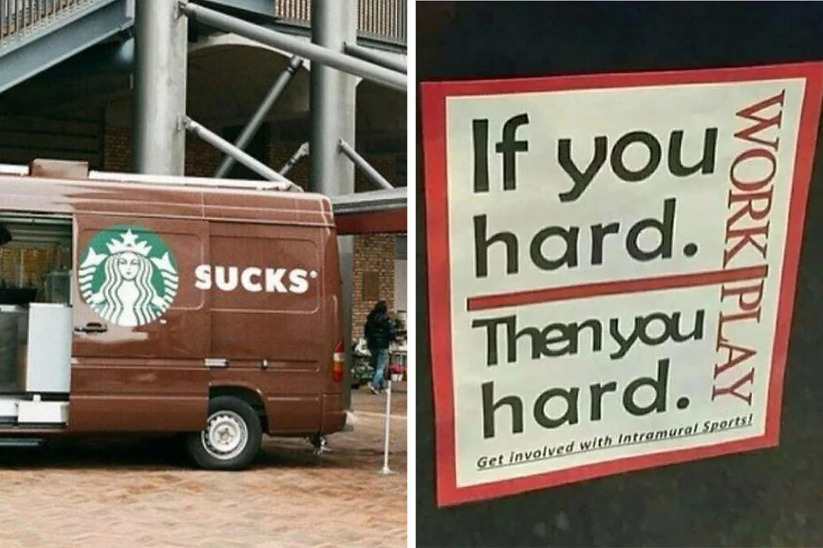 Designer knockoff comparison of failed brand parodies.