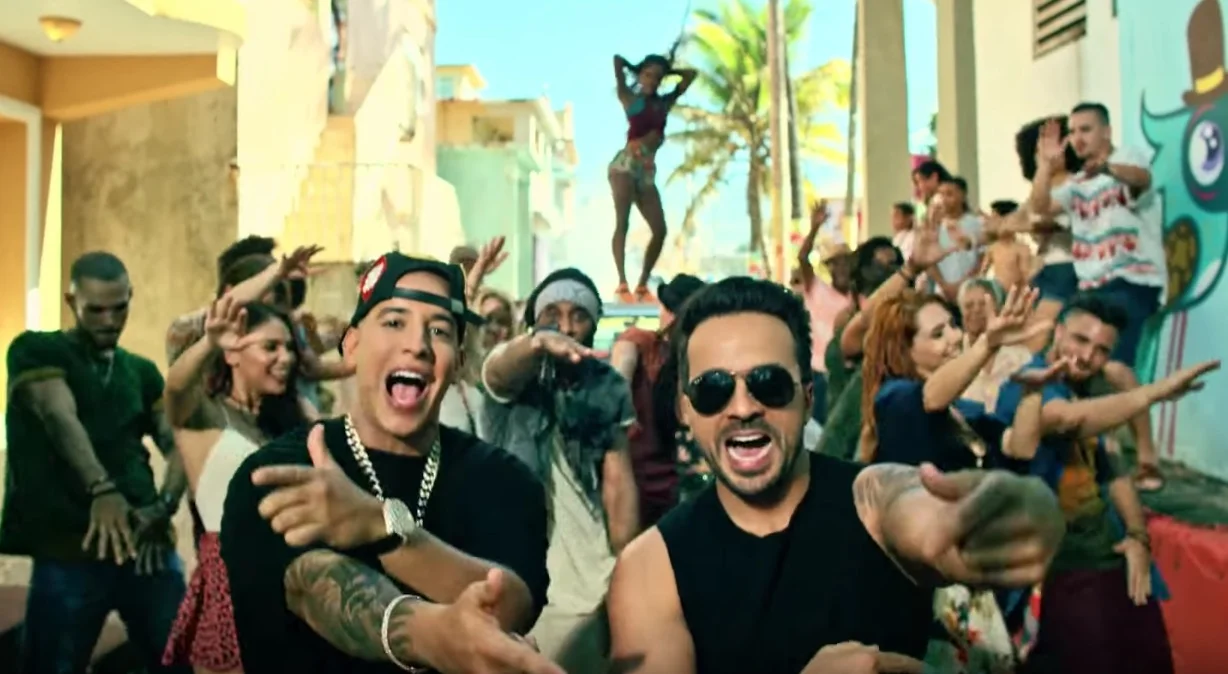 Luis Fonsi and Daddy Yankee in a scene from the official 'Despacito' music video, filmed in La Perla, Puerto Rico.