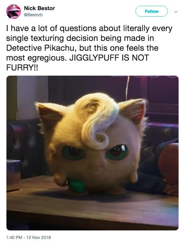 A viral tweet reacting to the unsettling furry Jigglypuff design in the 2019 Detective Pikachu film.