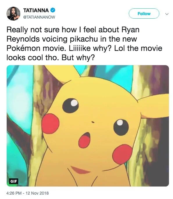 A tweet questioning the Ryan Reynolds casting choice, paired with the iconic Surprised Pikachu reaction image.