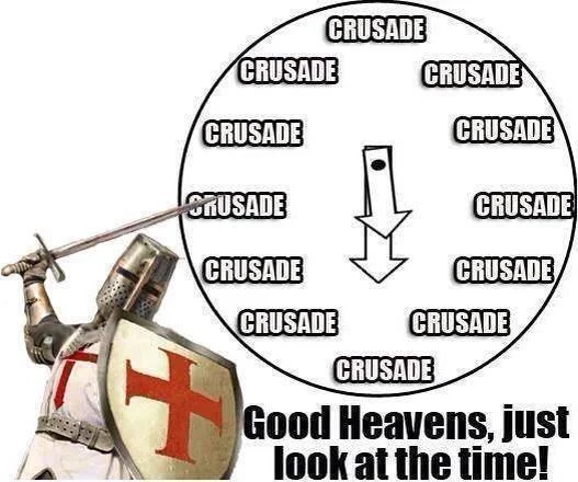 A clock-based Deus Vult meme suggesting that every hour is, in fact, crusade o'clock.