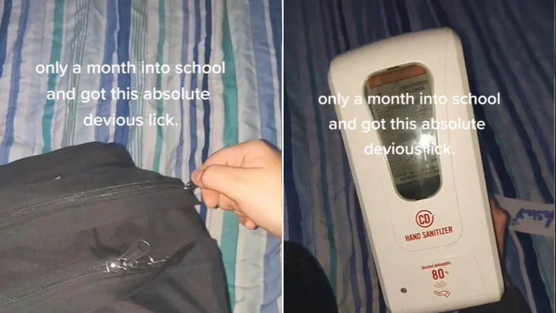 Students showing stolen bathroom items in devious licks trend.