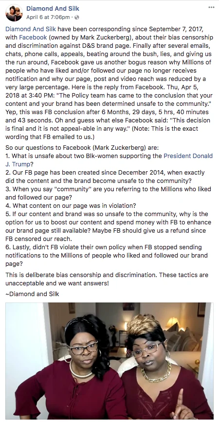 Diamond and Silk's Facebook post accusing the platform of bias and censorship against their brand page.