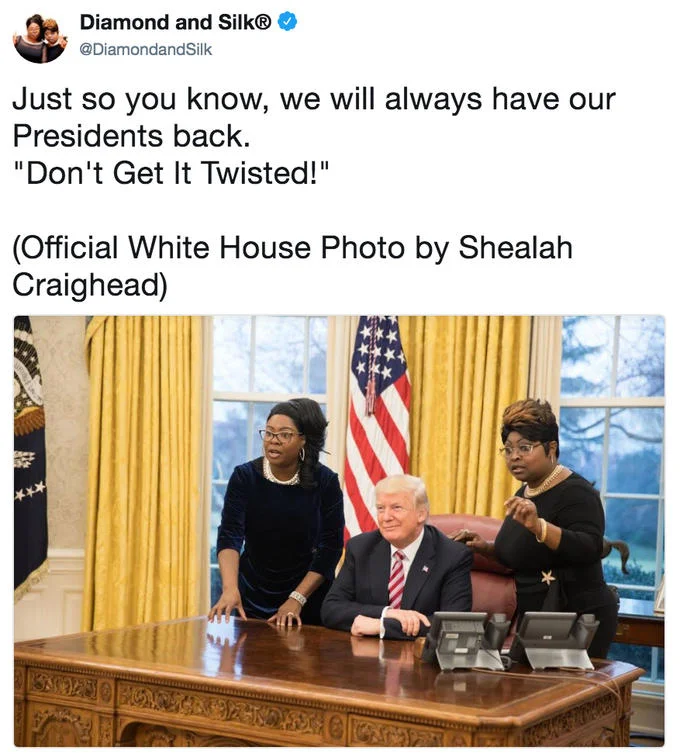 A tweet from Diamond and Silk pledging support for President Trump, accompanied by an official White House photo.
