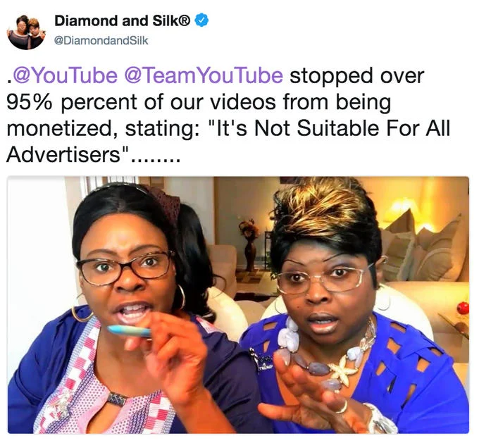 Diamond and Silk publicly accuse YouTube of demonetizing over 95% of their videos.