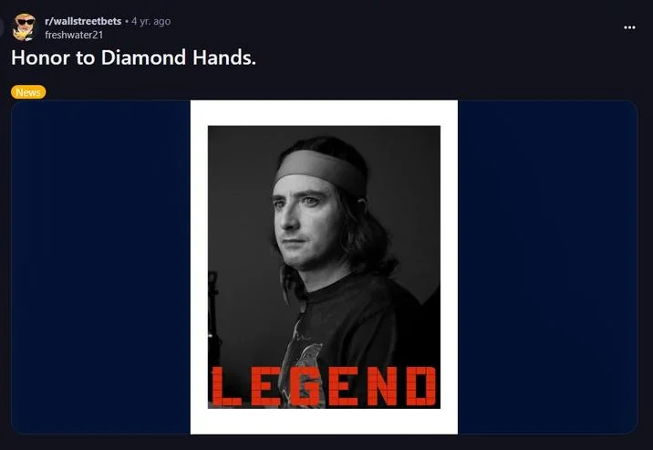 Reddit post honoring diamond hands investors who held positions.
