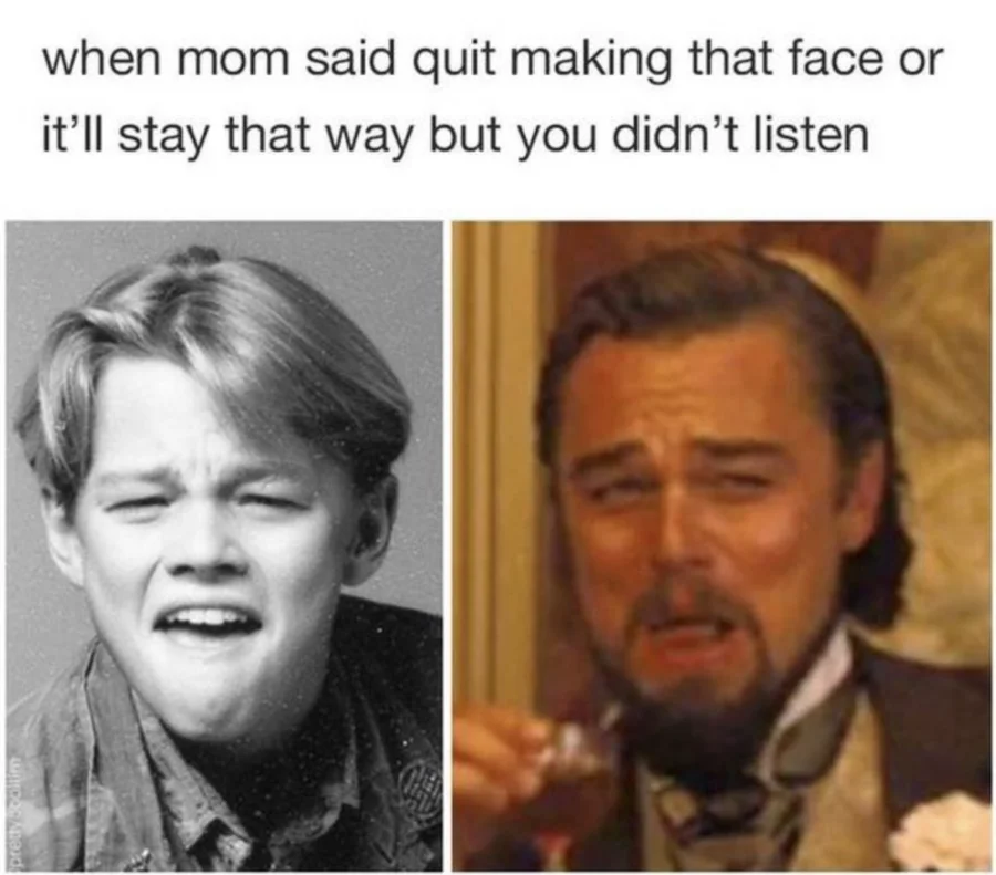 DiCaprio childhood versus adult face comparison meme.