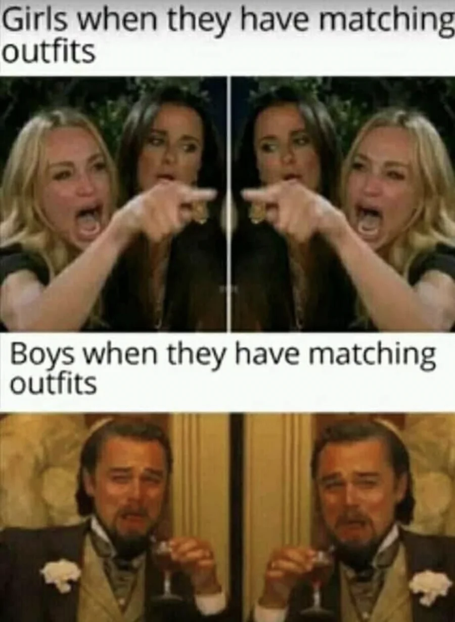 Girls vs boys comparison meme with DiCaprio laughing.