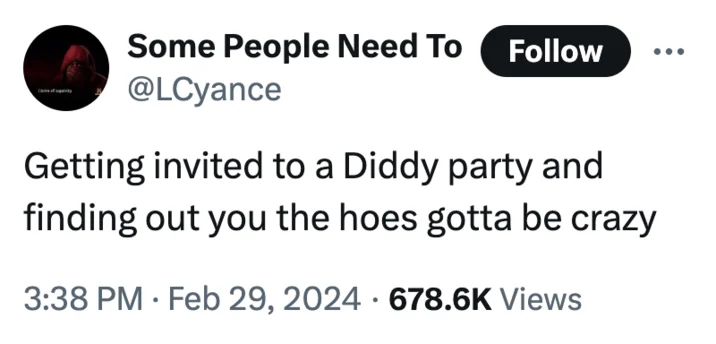 Twitter post joke about getting invited to Diddy party, 678K views