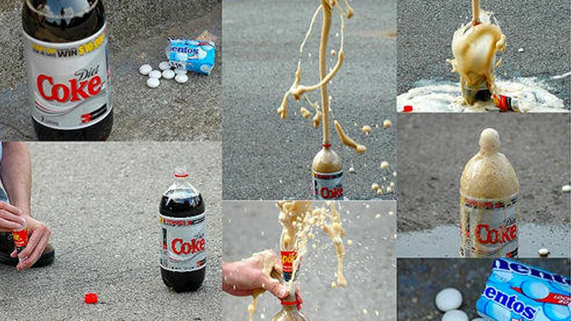 A visual sequence of the classic Diet Coke and Mentos experiment, from setup to explosive geyser reaction.