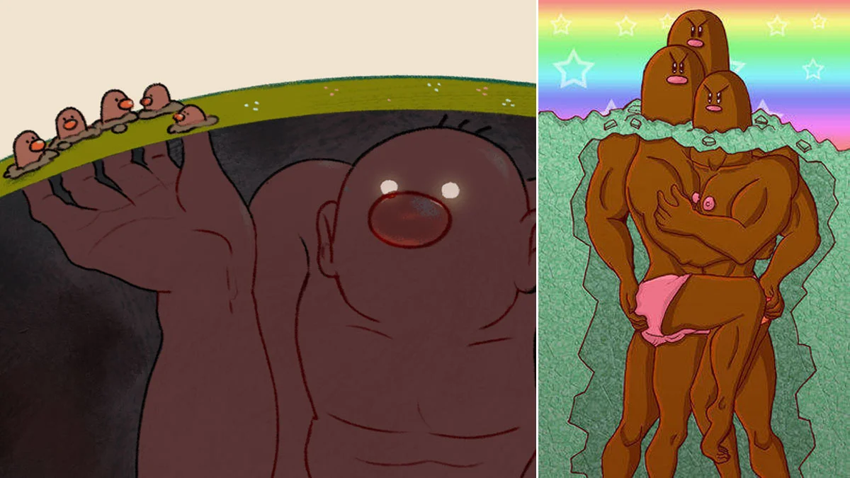 A composite of the two most iconic 'Diglett Underground' fan artworks that fueled the meme, showing wildly exaggerated muscular bodies hidden beneath the surface.