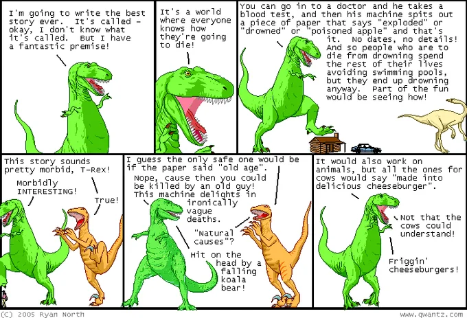 A 2005 Dinosaur Comics strip by Ryan North in which T-Rex pitches a morbid story about a machine that predicts how people will die.
