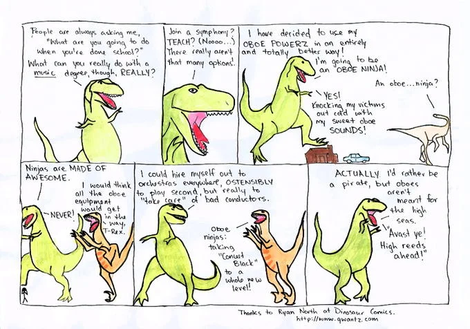A hand-drawn fan tribute that preserves the classic Dinosaur Comics layout, riffing on T-Rex becoming an 'oboe ninja'.