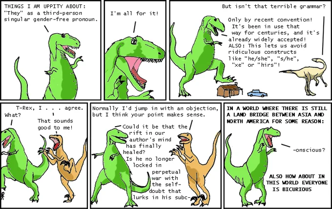 A Dinosaur Comics strip in which T-Rex champions singular 'they' as a third-person gender-free pronoun.