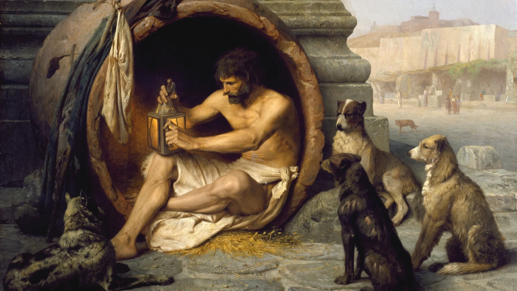 Jean-Leon Gerome's painting 'Diogenes' (1860), the classical portrayal of the cynic philosopher whose life inspired the 'Diogenes Posting' meme.