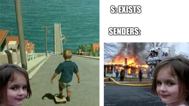 Two-panel Disaster Girl senders joke meme.
