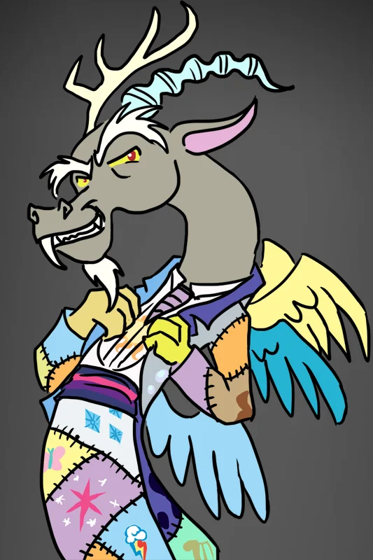 Fan art of Discord dressed in a patchwork suit featuring the cutie marks of the Mane Six.