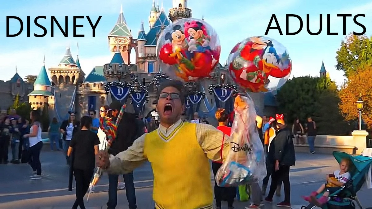 The iconic thumbnail image used to define the Disney Adults phenomenon, showing exaggerated enthusiasm at a Disney theme park.