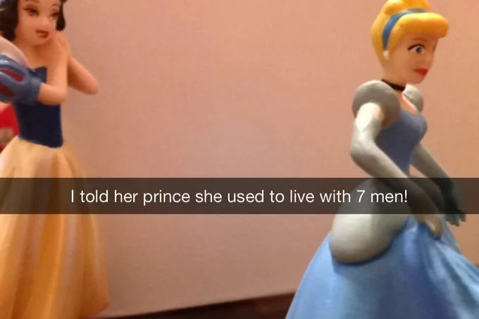 A viral Snapchat joke using Disney Princess figurines to portray Cinderella gossiping about Snow White to her prince.